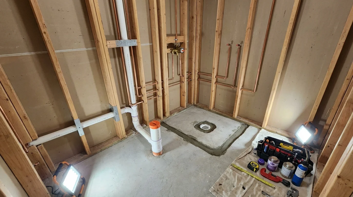 Bathroom rough-in plumbing during remodel by Johns Plumbing LLC in Johnsonville