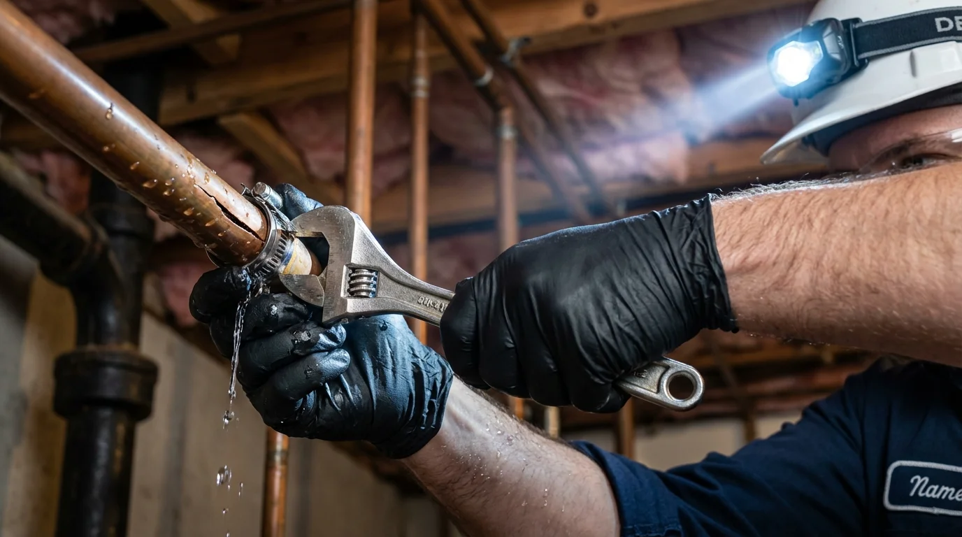 Emergency pipe clamp repair being performed by a Johns Plumbing LLC plumber in Johnsonville