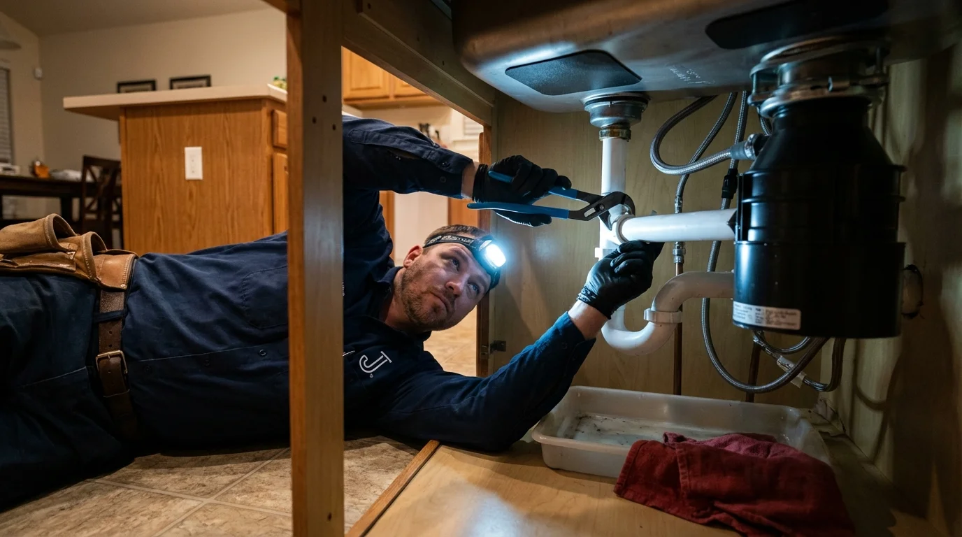 P-trap and supply line connections under a kitchen sink showing a common leak point in Johnsonville, SC